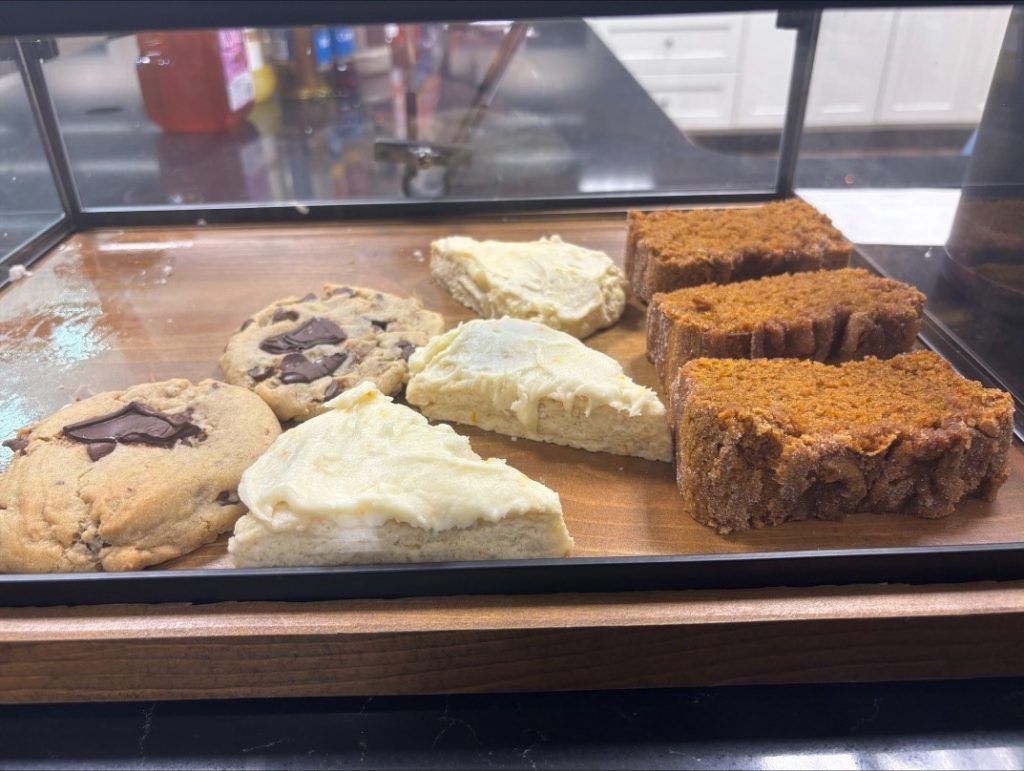 Pastries sold by Sip's in a case.
